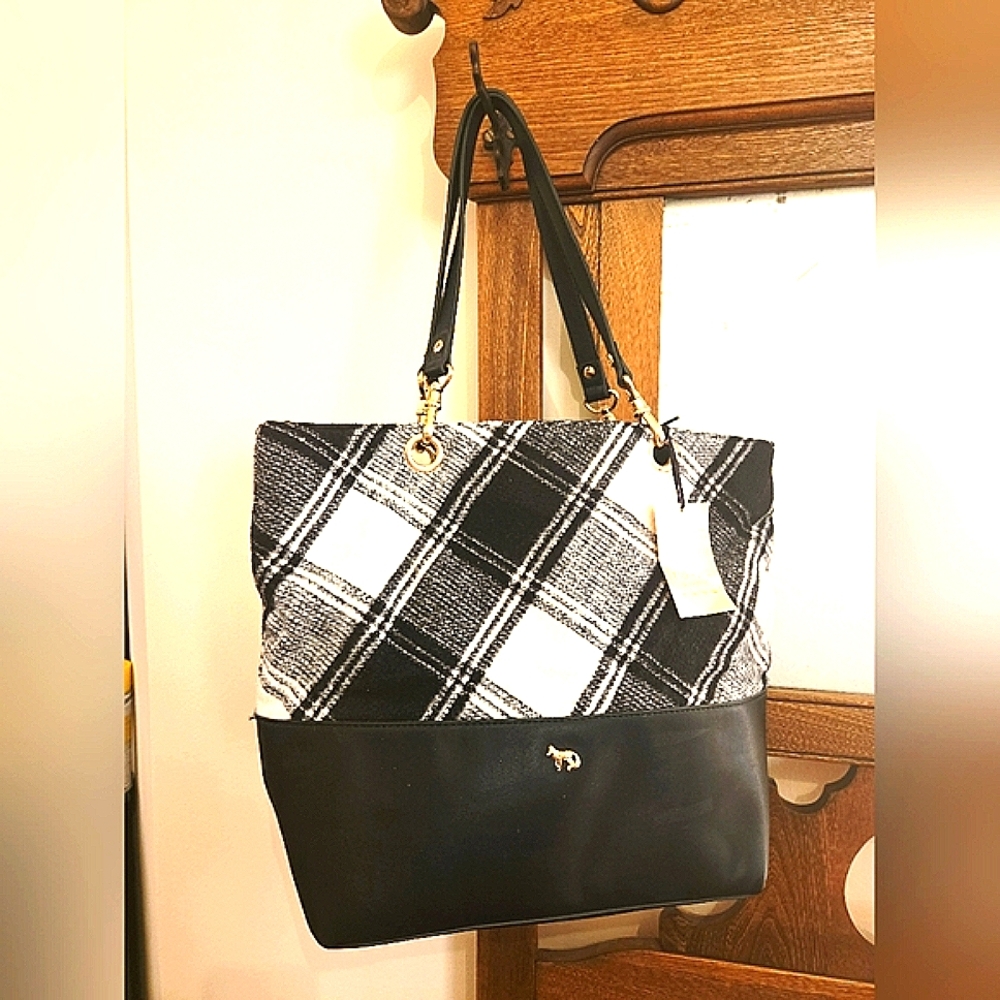 NWT Emma Fox 'Jutland' Black and White Plaid Tote Bag